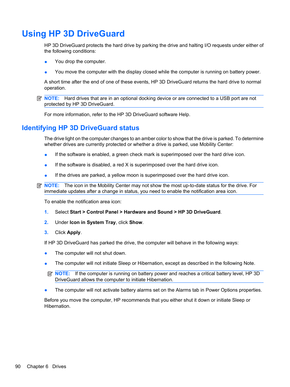 Using hp 3d driveguard, Identifying hp 3d driveguard status | HP ProBook 4321s Notebook-PC User Manual | Page 102 / 196