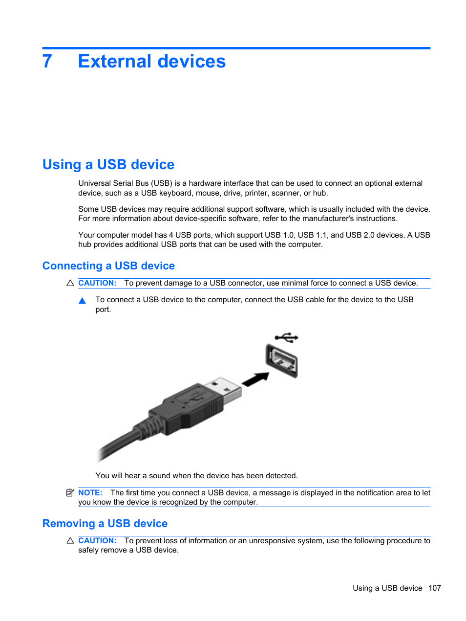 External devices, Using a usb device, Connecting a usb device | Removing a usb device, 7 external devices, Connecting a usb device removing a usb device, 7external devices | HP ProBook 4321s Notebook-PC User Manual | Page 119 / 196