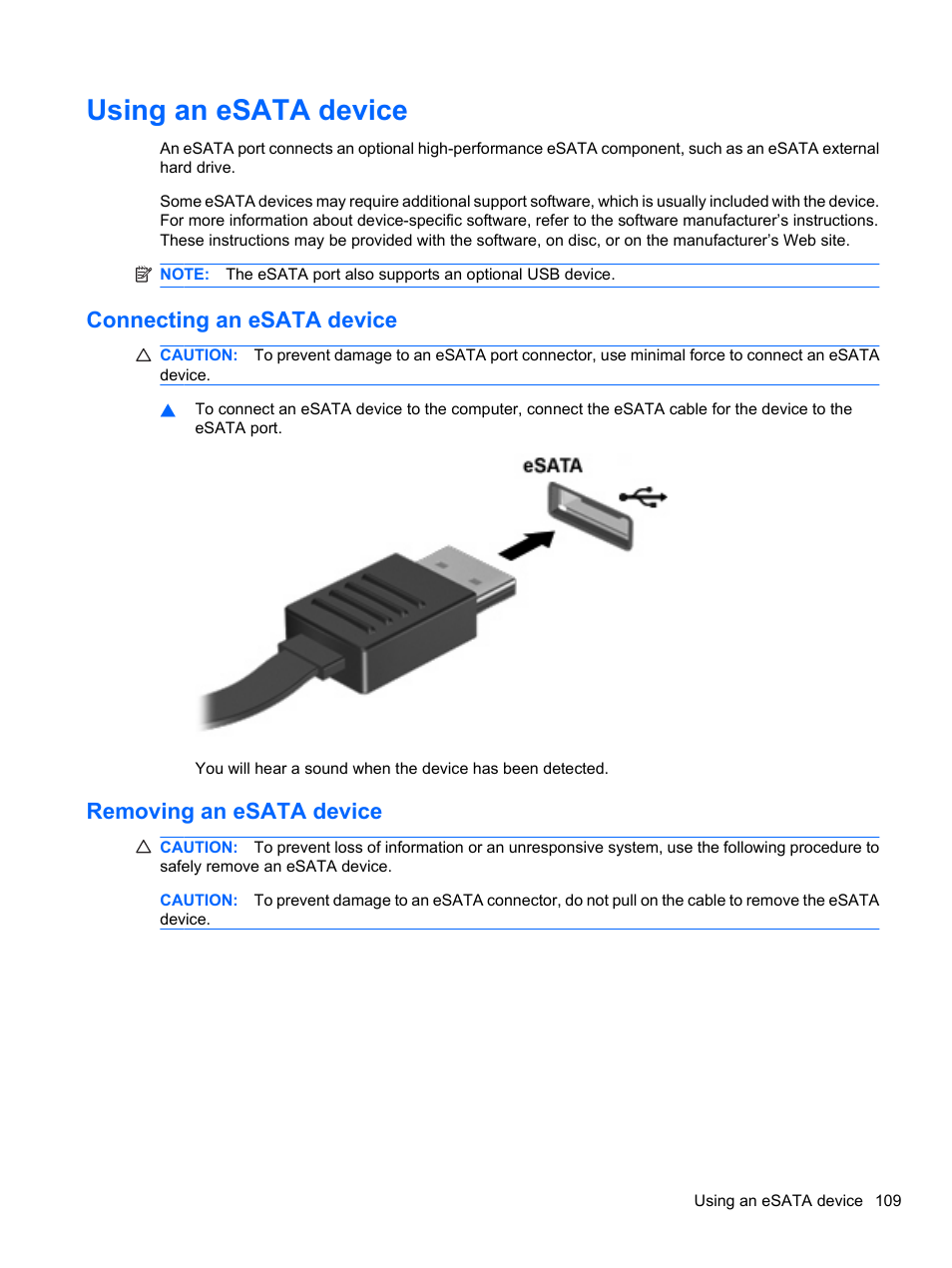 Using an esata device, Connecting an esata device, Removing an esata device | HP ProBook 4321s Notebook-PC User Manual | Page 121 / 196