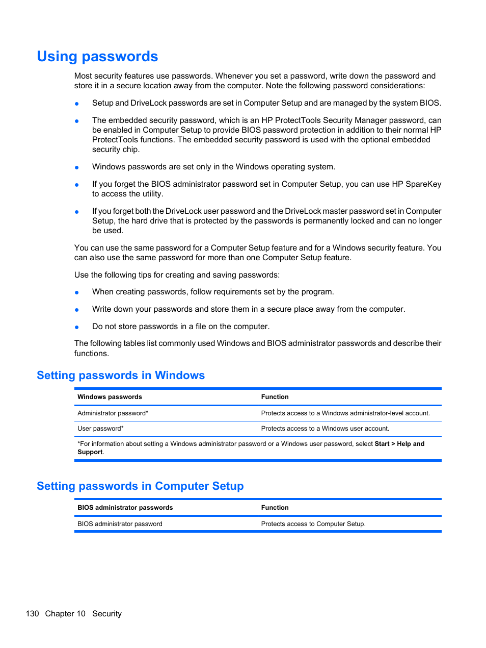 Using passwords, Setting passwords in windows, Setting passwords in computer setup | HP ProBook 4321s Notebook-PC User Manual | Page 142 / 196
