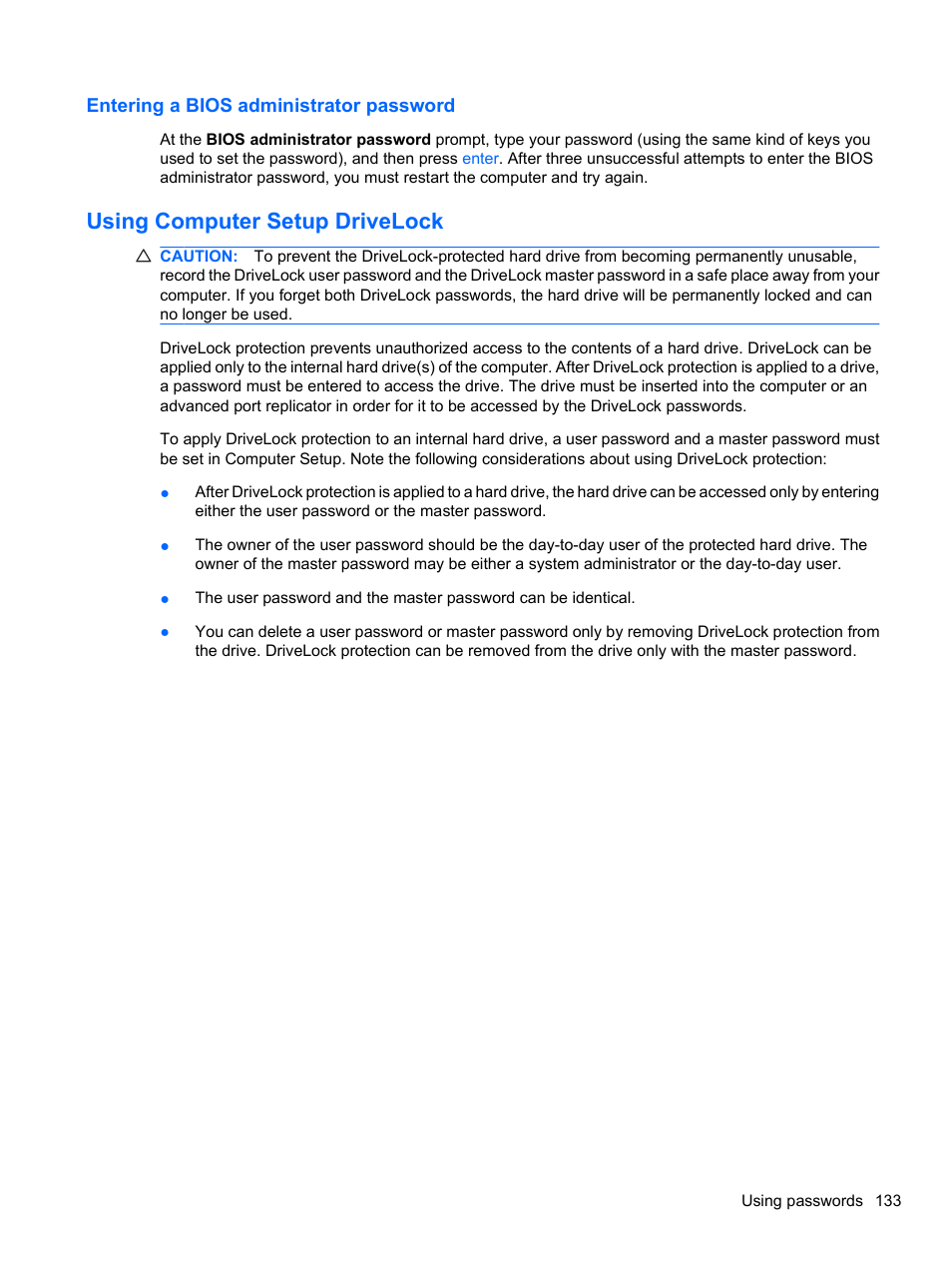 Entering a bios administrator password, Using computer setup drivelock | HP ProBook 4321s Notebook-PC User Manual | Page 145 / 196