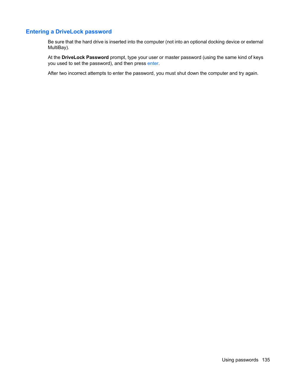 Entering a drivelock password | HP ProBook 4321s Notebook-PC User Manual | Page 147 / 196
