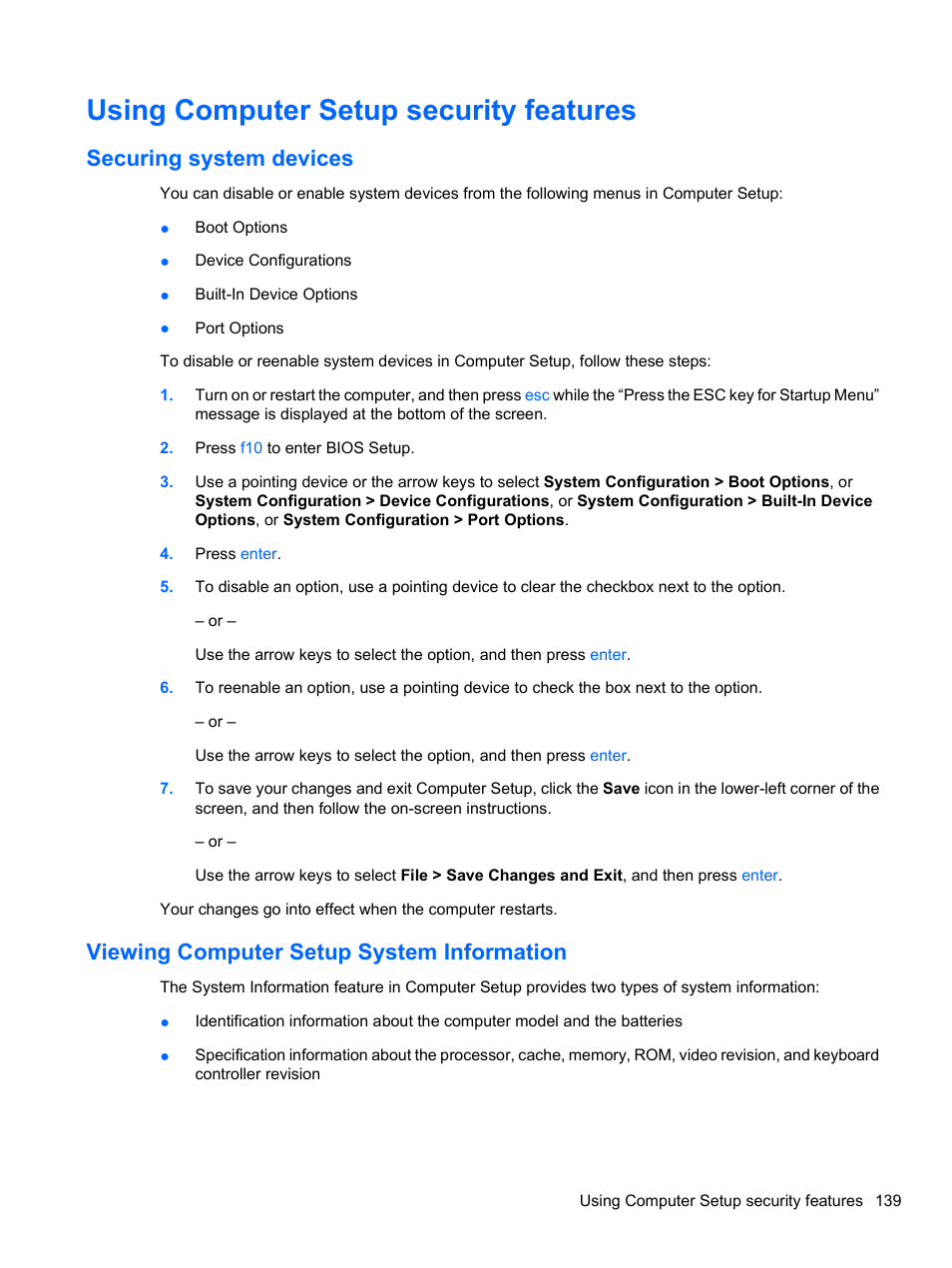 Using computer setup security features, Securing system devices, Viewing computer setup system information | HP ProBook 4321s Notebook-PC User Manual | Page 151 / 196
