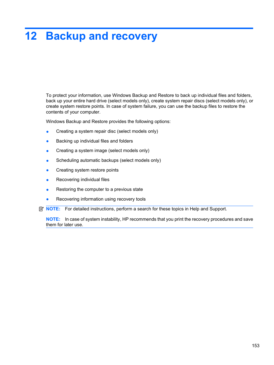 Backup and recovery, 12 backup and recovery | HP ProBook 4321s Notebook-PC User Manual | Page 165 / 196