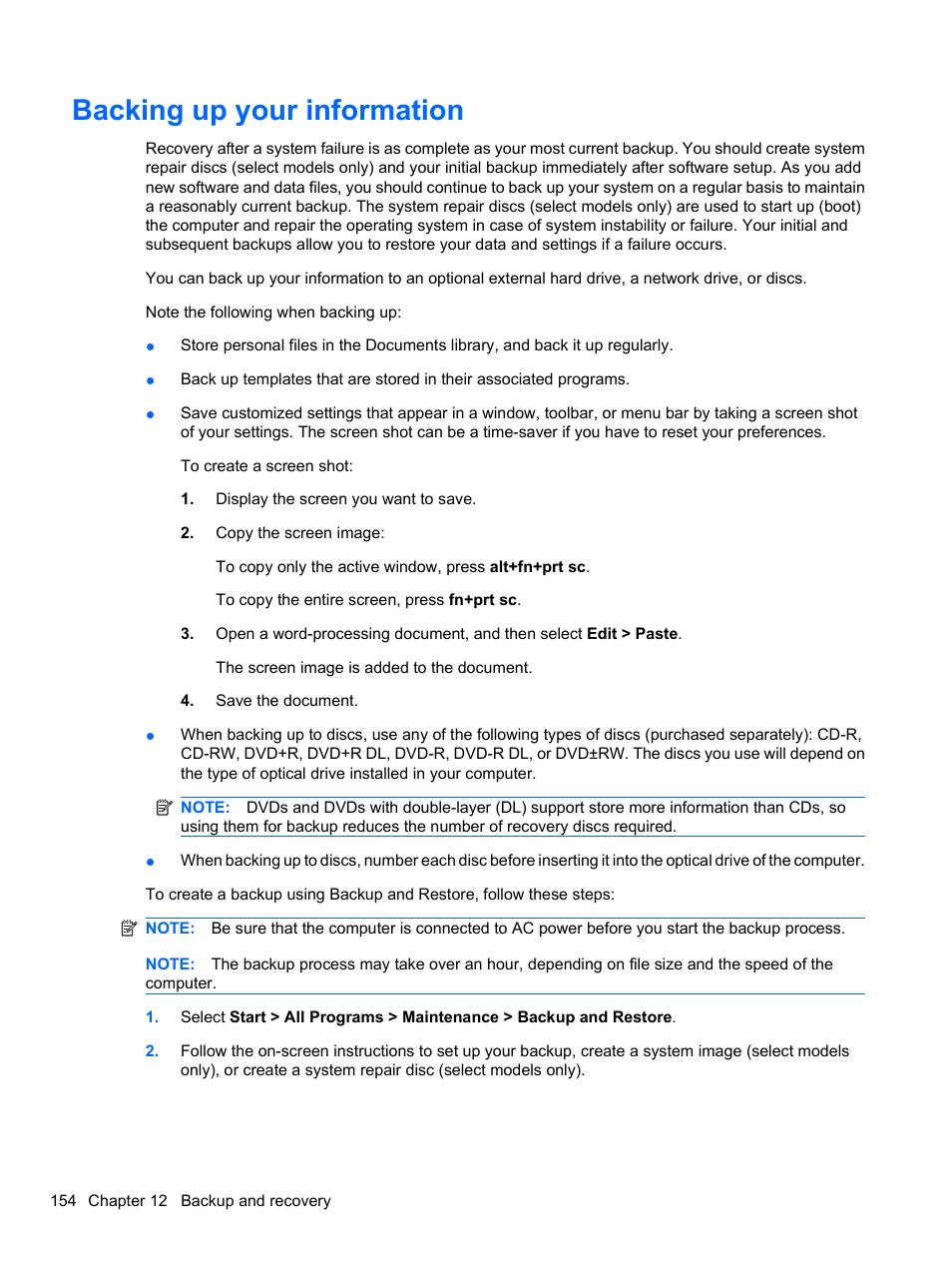 Backing up your information | HP ProBook 4321s Notebook-PC User Manual | Page 166 / 196