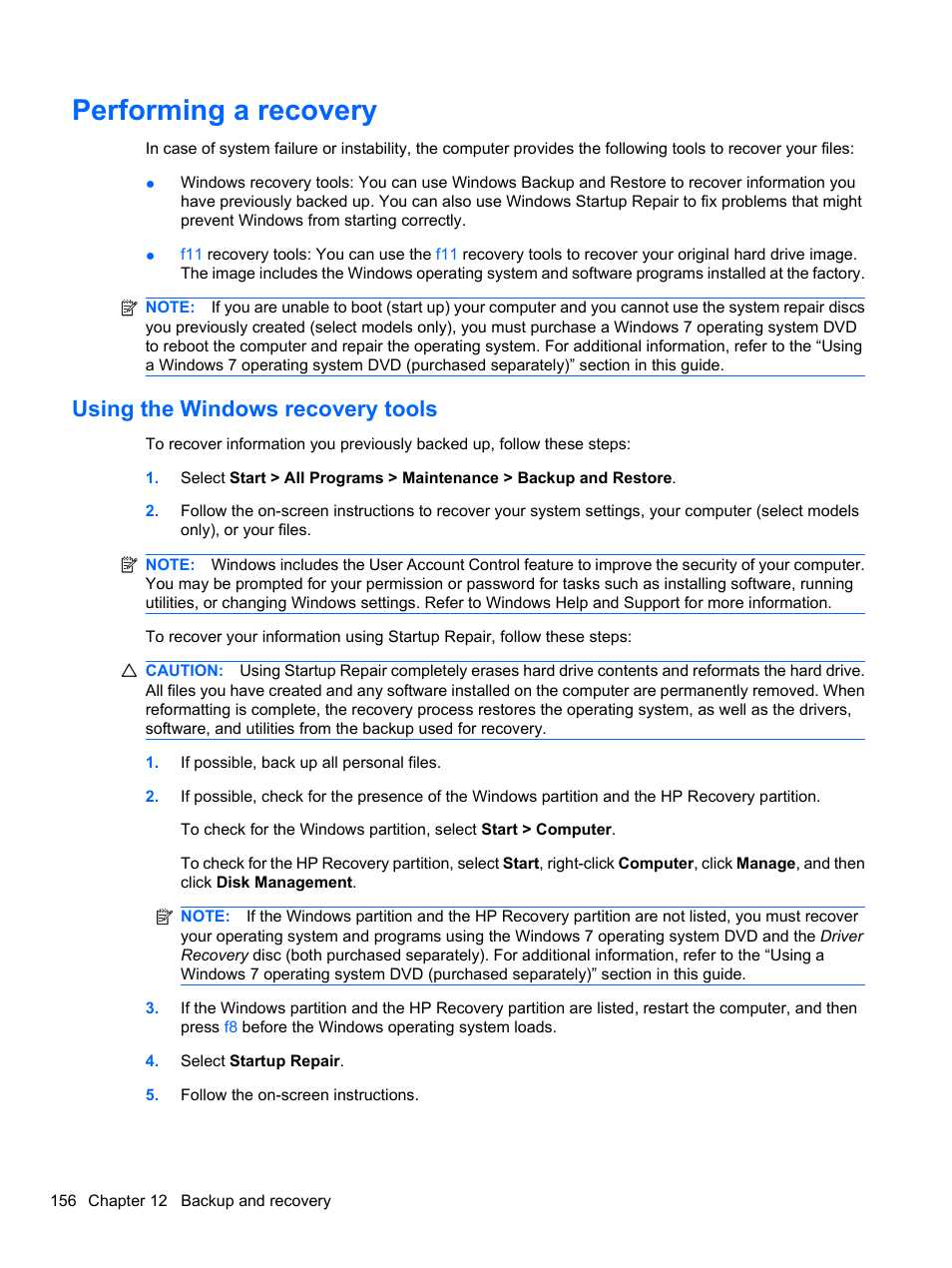 Performing a recovery, Using the windows recovery tools | HP ProBook 4321s Notebook-PC User Manual | Page 168 / 196