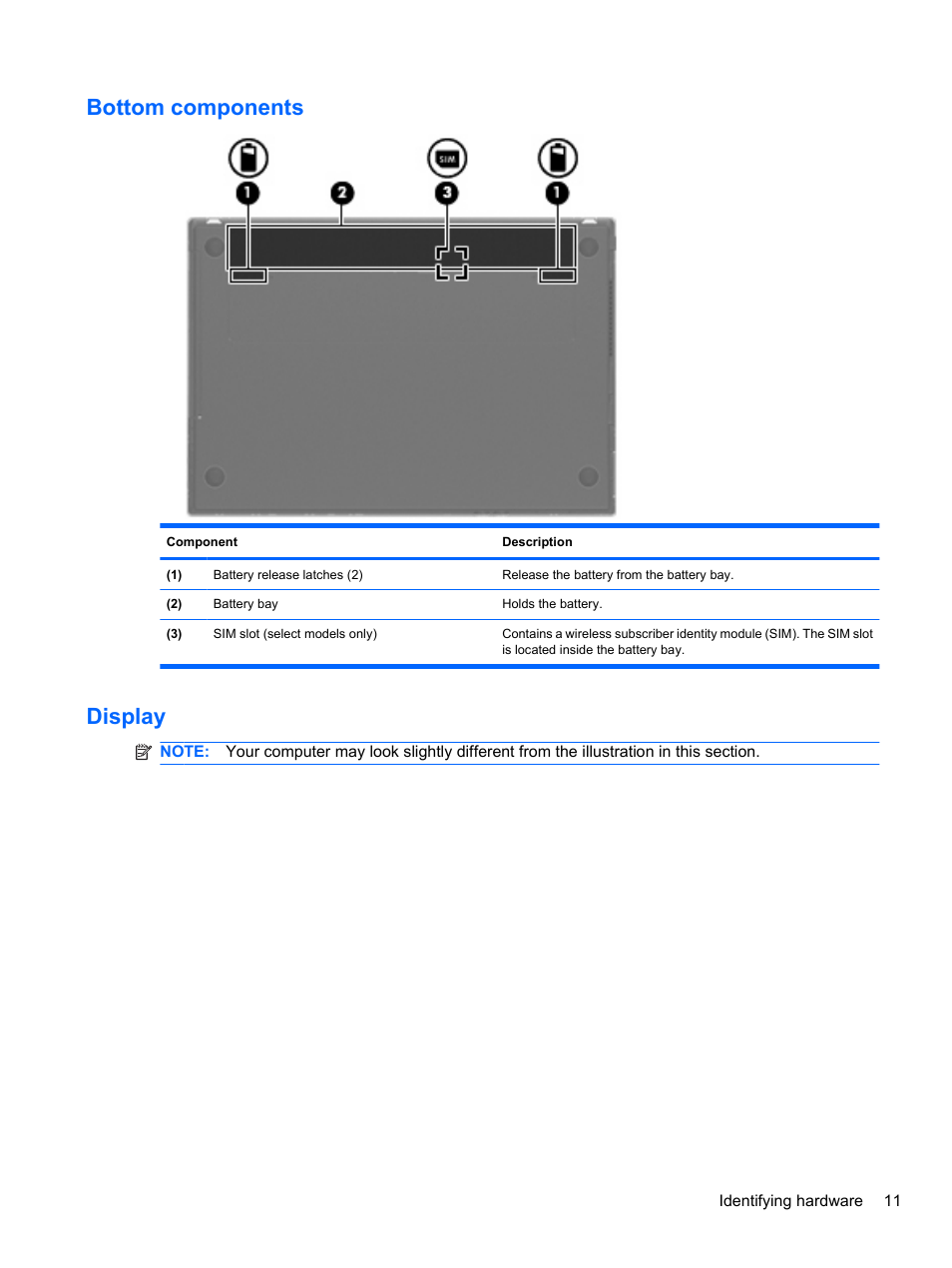 Bottom components, Display, Bottom components display | HP ProBook 4321s Notebook-PC User Manual | Page 23 / 196