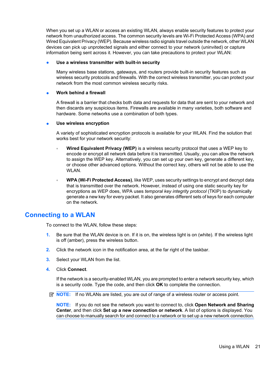 Connecting to a wlan | HP ProBook 4321s Notebook-PC User Manual | Page 33 / 196