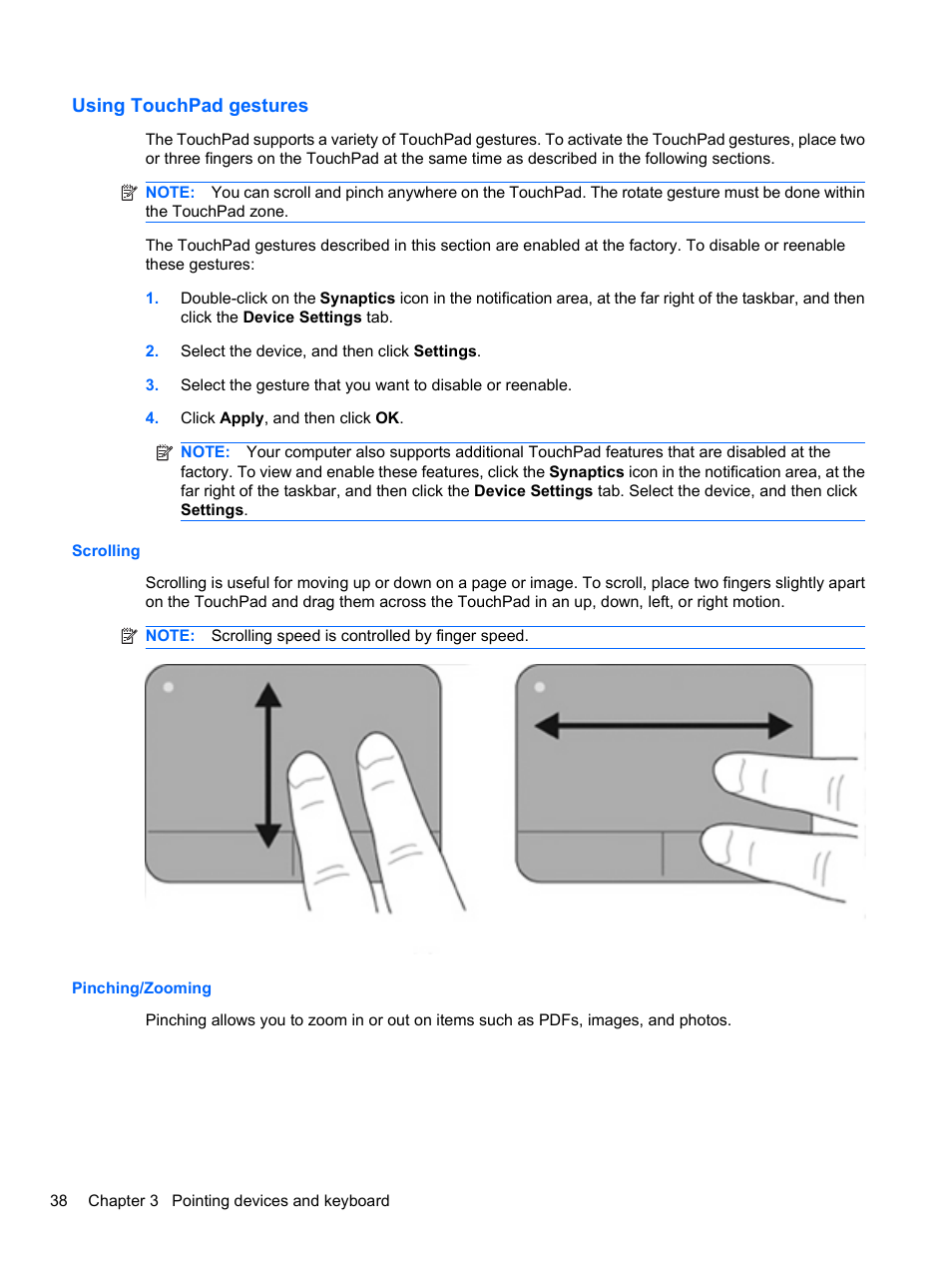 Using touchpad gestures, Scrolling, Pinching/zooming | Scrolling pinching/zooming | HP ProBook 4321s Notebook-PC User Manual | Page 50 / 196