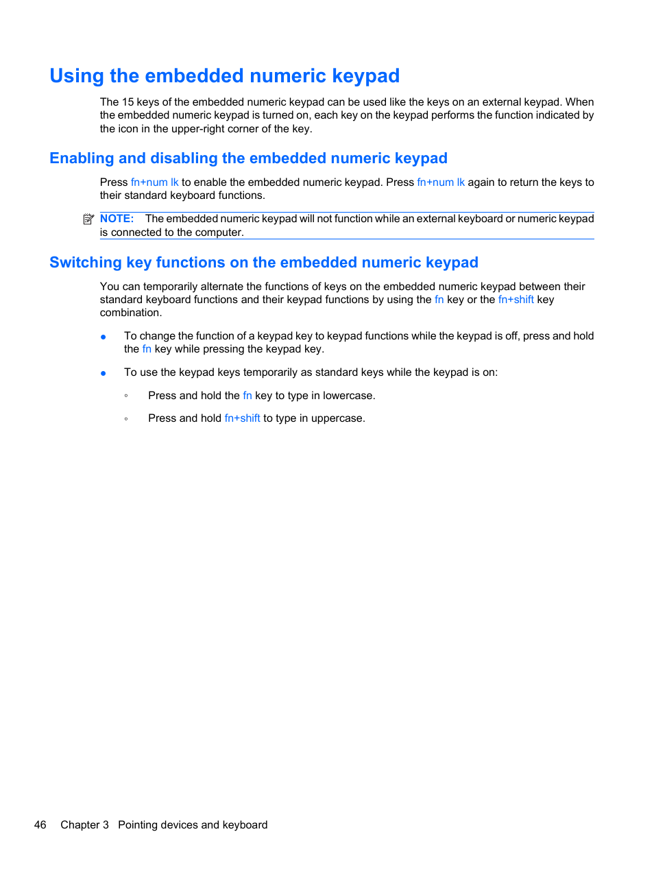 Using the embedded numeric keypad, Enabling and disabling the embedded numeric keypad | HP ProBook 4321s Notebook-PC User Manual | Page 58 / 196