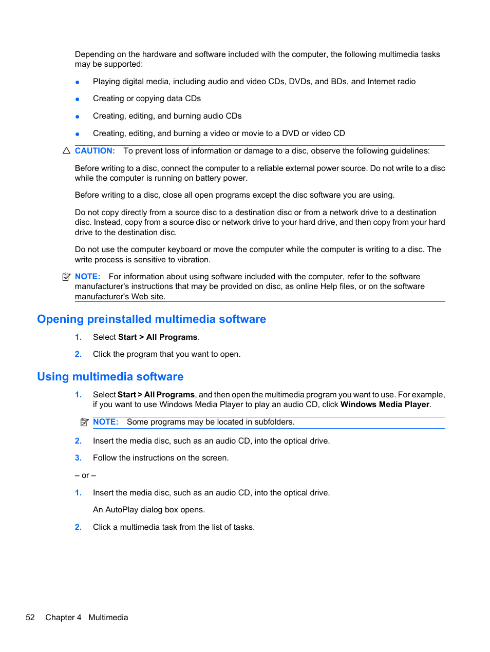 Opening preinstalled multimedia software, Using multimedia software | HP ProBook 4321s Notebook-PC User Manual | Page 64 / 196