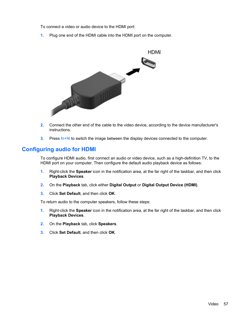 Configuring audio for hdmi | HP ProBook 4321s Notebook-PC User Manual | Page 69 / 196