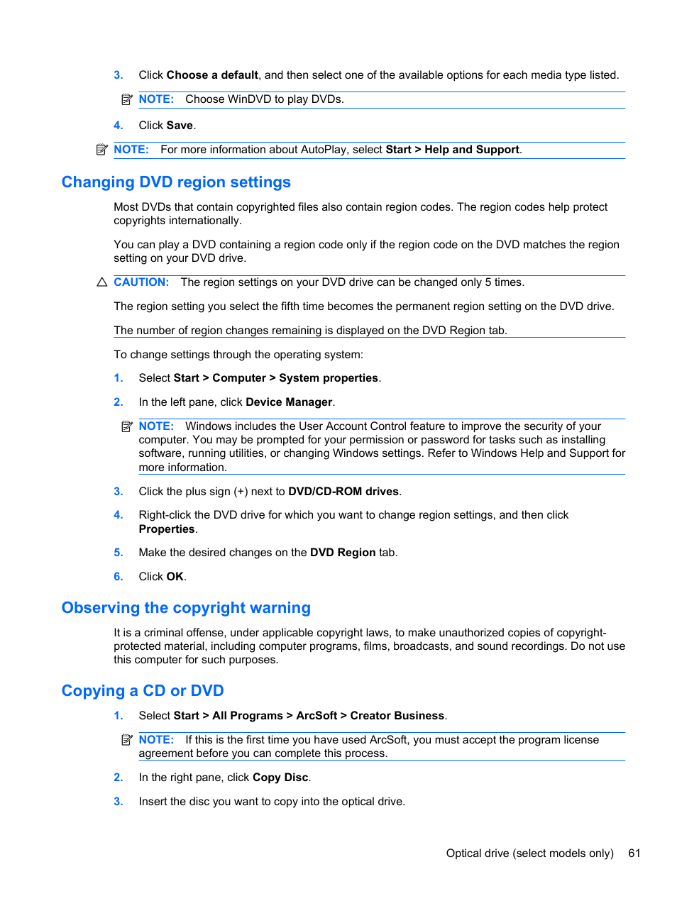 Changing dvd region settings, Observing the copyright warning, Copying a cd or dvd | HP ProBook 4321s Notebook-PC User Manual | Page 73 / 196