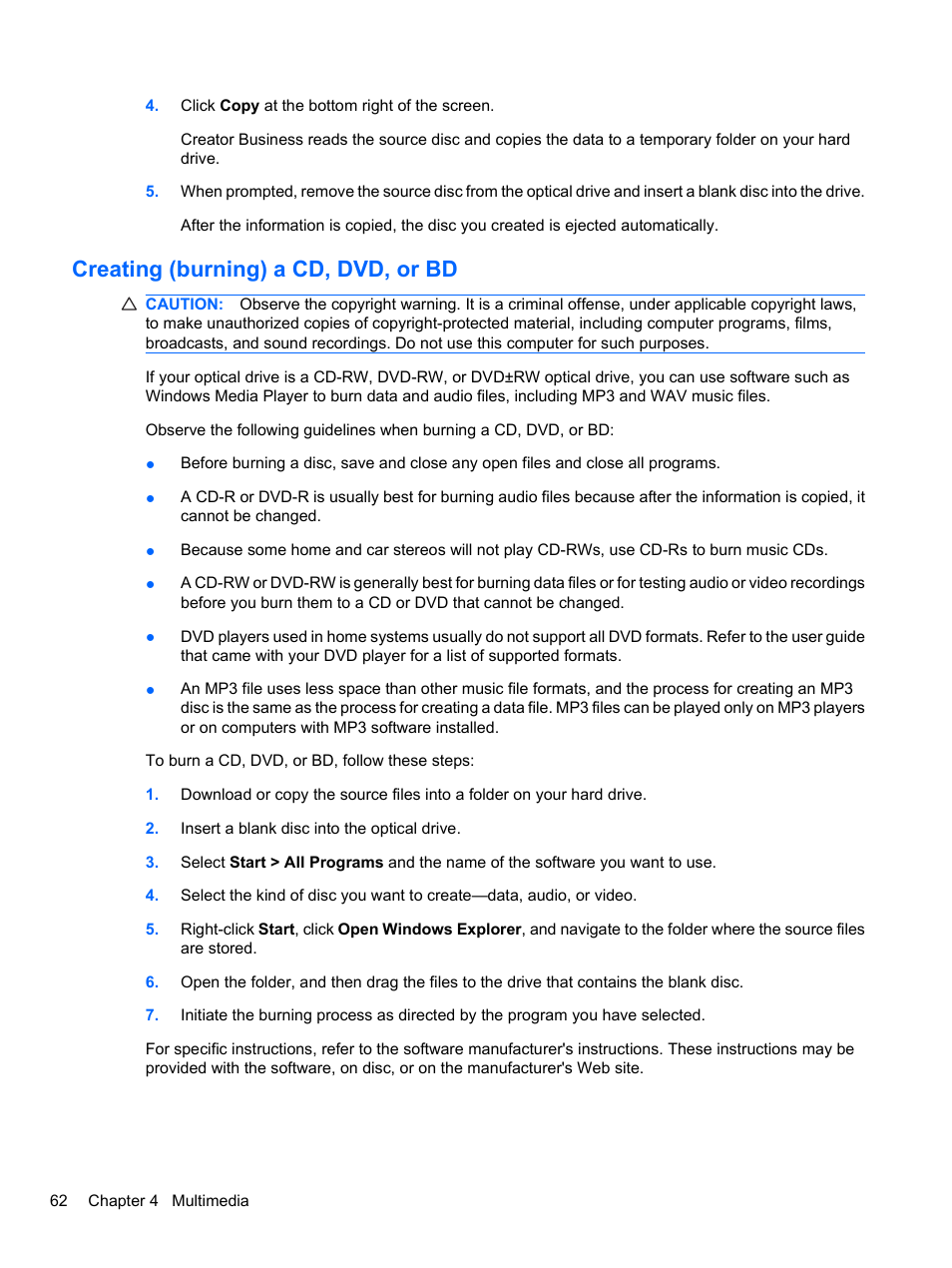 Creating (burning) a cd, dvd, or bd | HP ProBook 4321s Notebook-PC User Manual | Page 74 / 196