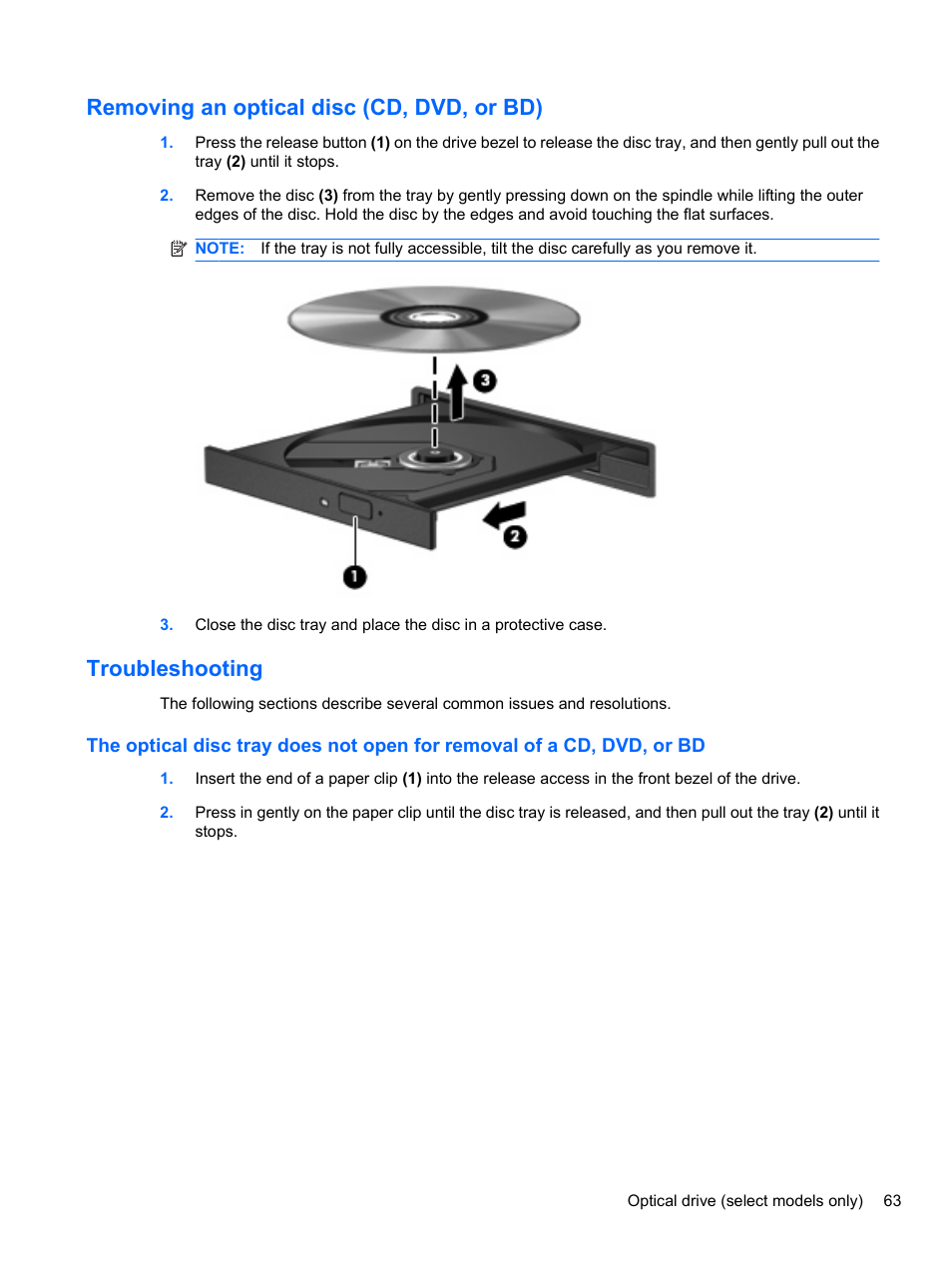 Removing an optical disc (cd, dvd, or bd), Troubleshooting | HP ProBook 4321s Notebook-PC User Manual | Page 75 / 196