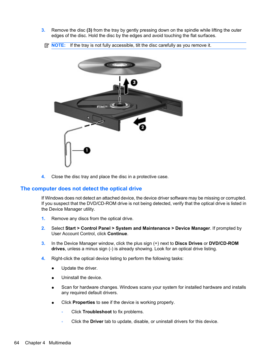 The computer does not detect the optical drive | HP ProBook 4321s Notebook-PC User Manual | Page 76 / 196