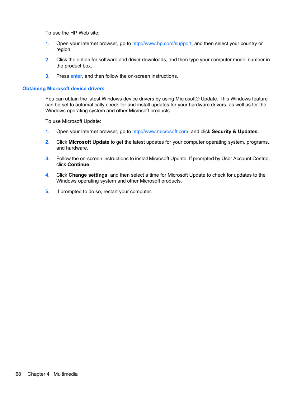 Obtaining microsoft device drivers | HP ProBook 4321s Notebook-PC User Manual | Page 80 / 196