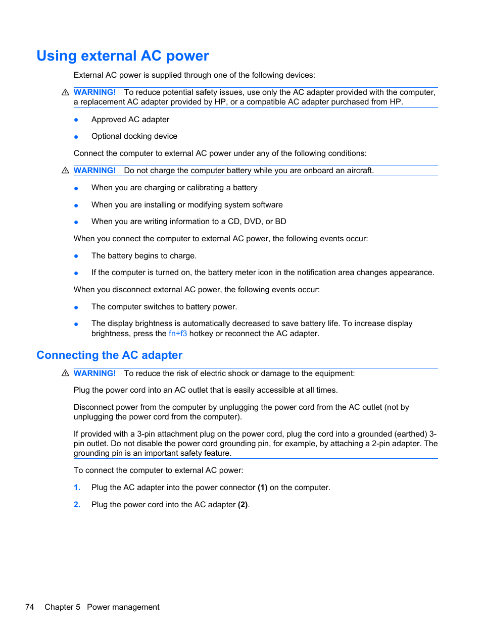 Using external ac power, Connecting the ac adapter | HP ProBook 4321s Notebook-PC User Manual | Page 86 / 196