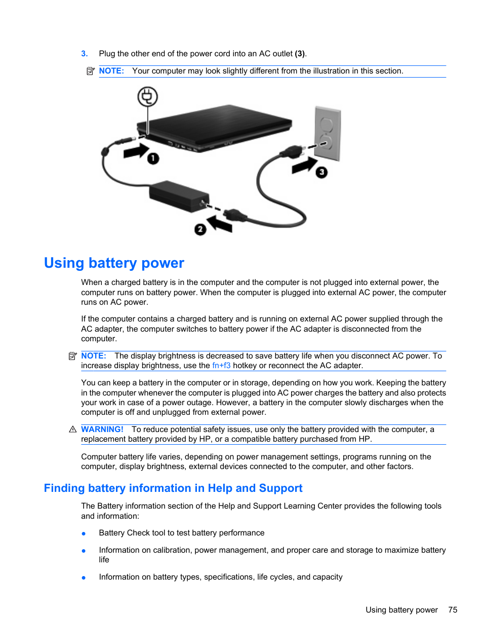 Using battery power, Finding battery information in help and support | HP ProBook 4321s Notebook-PC User Manual | Page 87 / 196