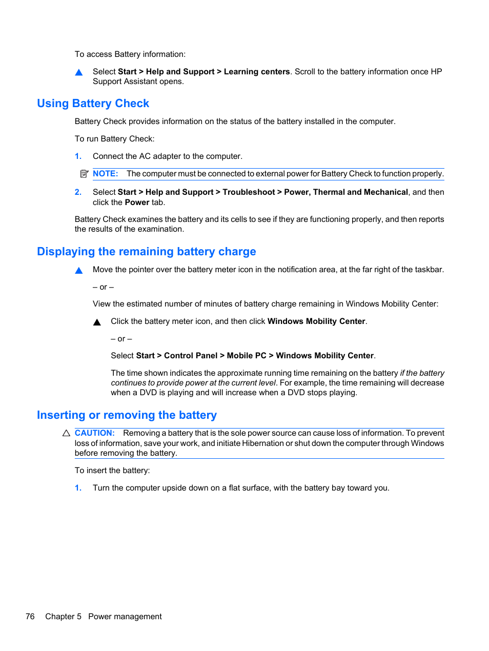 Using battery check, Displaying the remaining battery charge, Inserting or removing the battery | HP ProBook 4321s Notebook-PC User Manual | Page 88 / 196