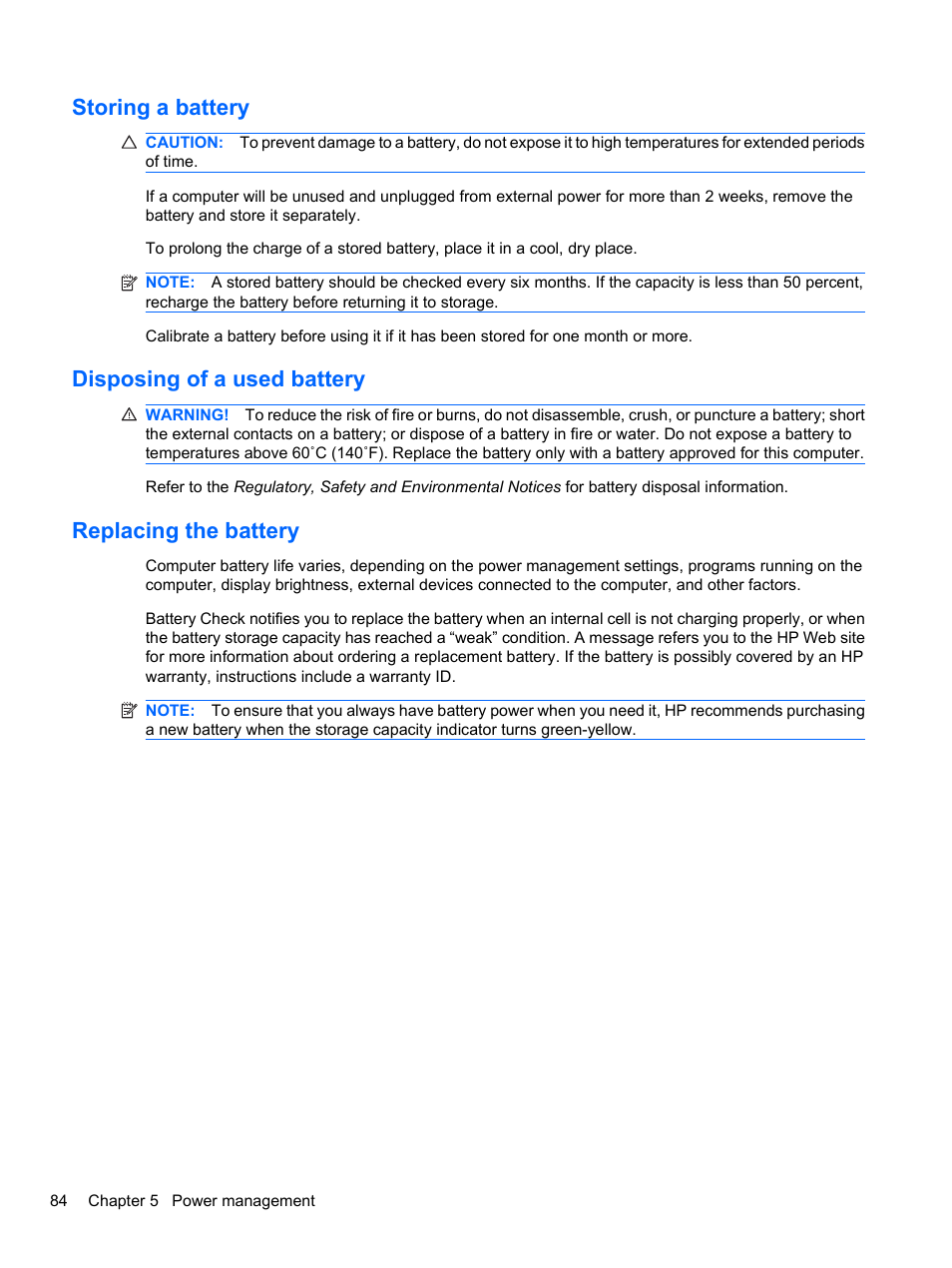 Storing a battery, Disposing of a used battery, Replacing the battery | HP ProBook 4321s Notebook-PC User Manual | Page 96 / 196