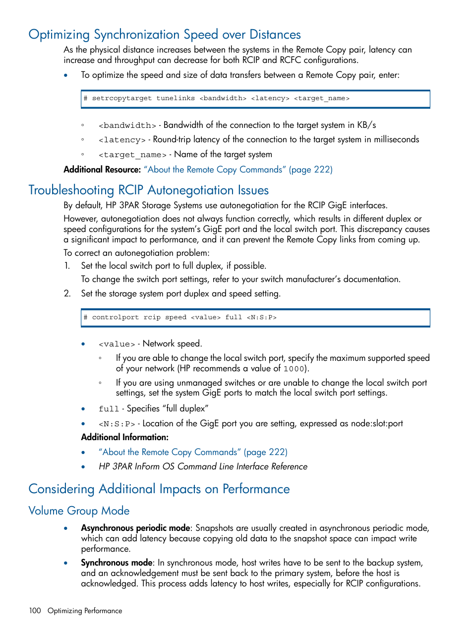 Optimizing synchronization speed over distances, Troubleshooting rcip autonegotiation issues, Considering additional impacts on performance | Volume group mode | HP 3PAR Operating System Software User Manual | Page 100 / 292