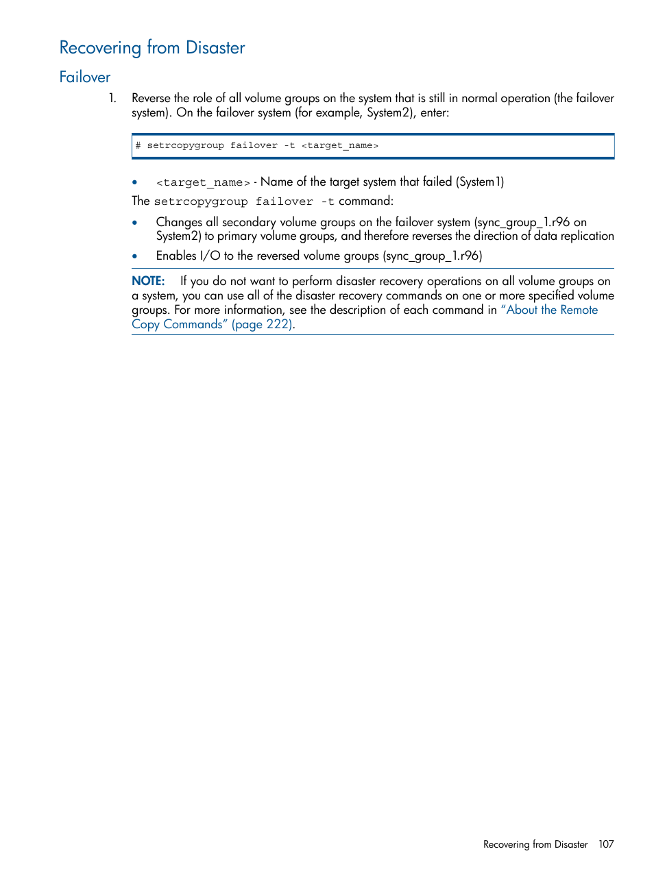 Recovering from disaster, Failover | HP 3PAR Operating System Software User Manual | Page 107 / 292