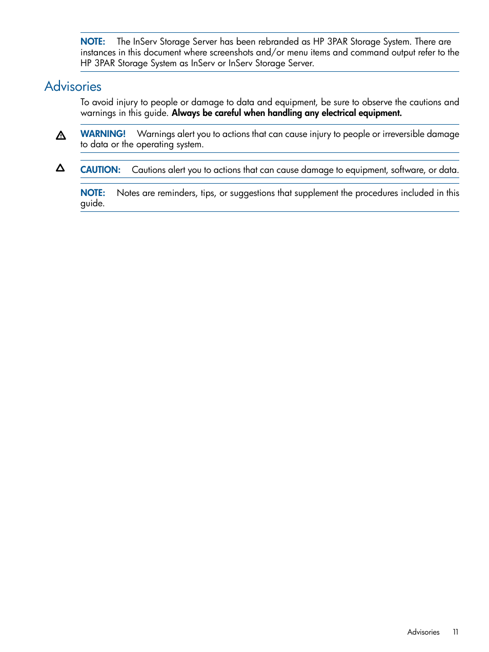 Advisories | HP 3PAR Operating System Software User Manual | Page 11 / 292