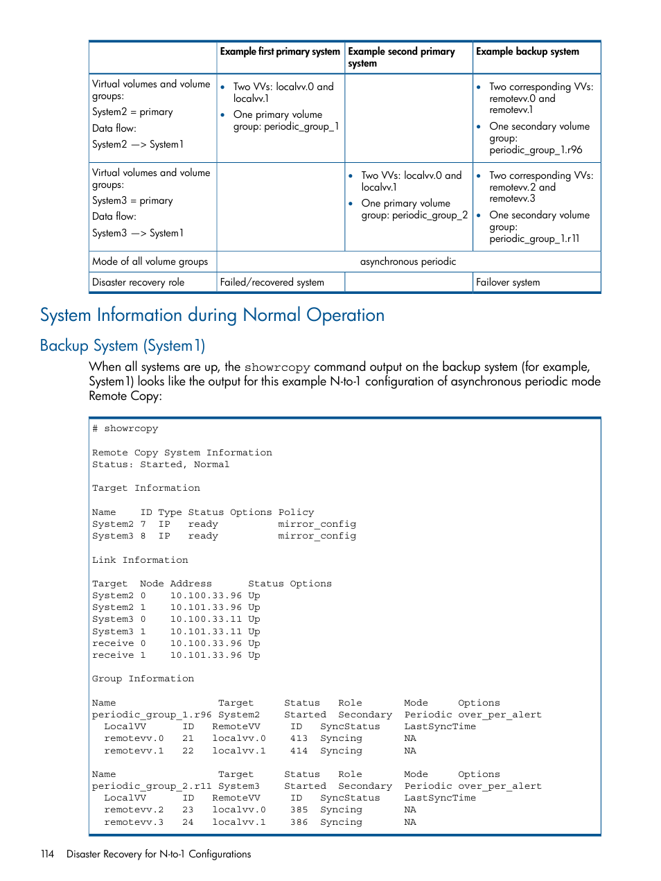 System information during normal operation, Backup system (system1) | HP 3PAR Operating System Software User Manual | Page 114 / 292