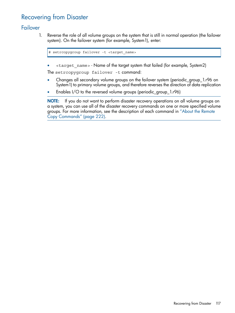 Recovering from disaster, Failover | HP 3PAR Operating System Software User Manual | Page 117 / 292