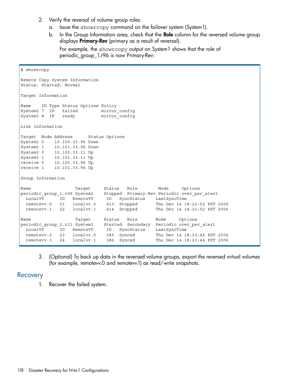 Recovery | HP 3PAR Operating System Software User Manual | Page 118 / 292