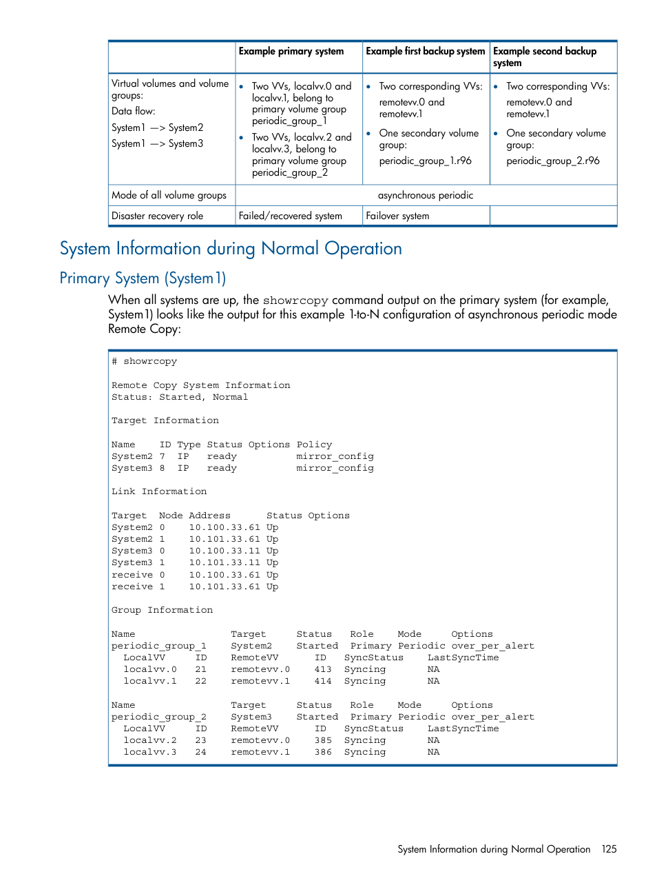 System information during normal operation, Primary system (system1) | HP 3PAR Operating System Software User Manual | Page 125 / 292