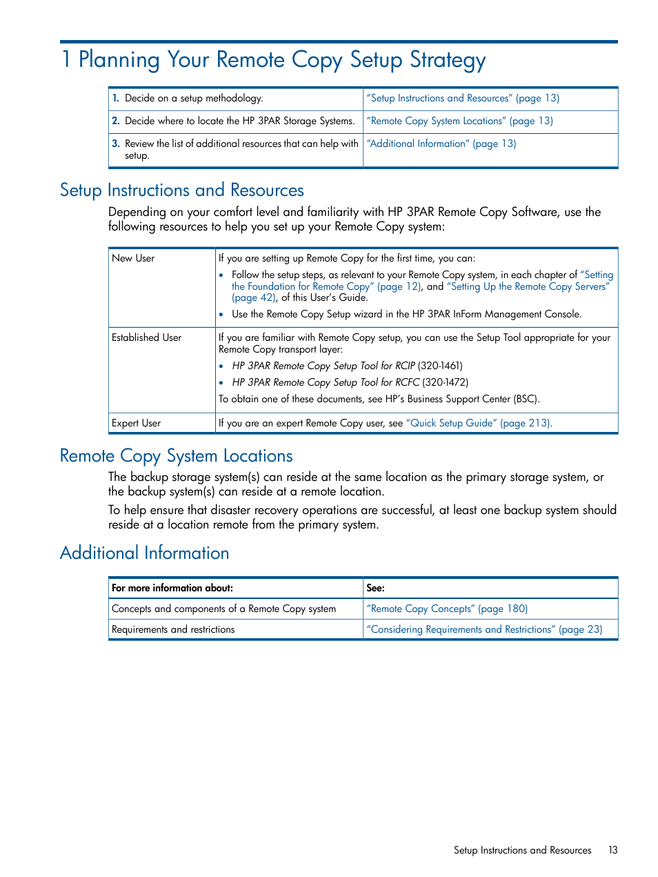 1 planning your remote copy setup strategy, Setup instructions and resources, Remote copy system locations | Additional information | HP 3PAR Operating System Software User Manual | Page 13 / 292