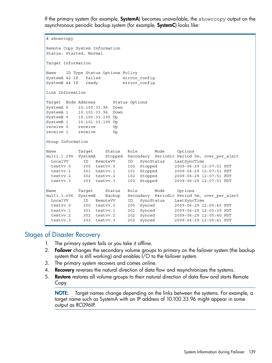 Stages of disaster recovery | HP 3PAR Operating System Software User Manual | Page 139 / 292