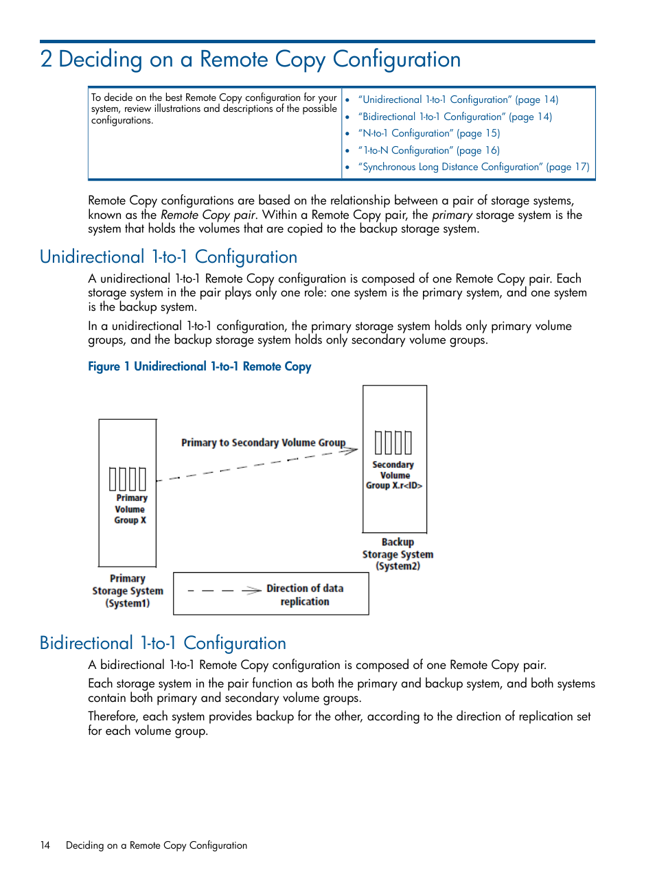 2 deciding on a remote copy configuration, Unidirectional 1-to-1 configuration, Bidirectional 1-to-1 configuration | HP 3PAR Operating System Software User Manual | Page 14 / 292