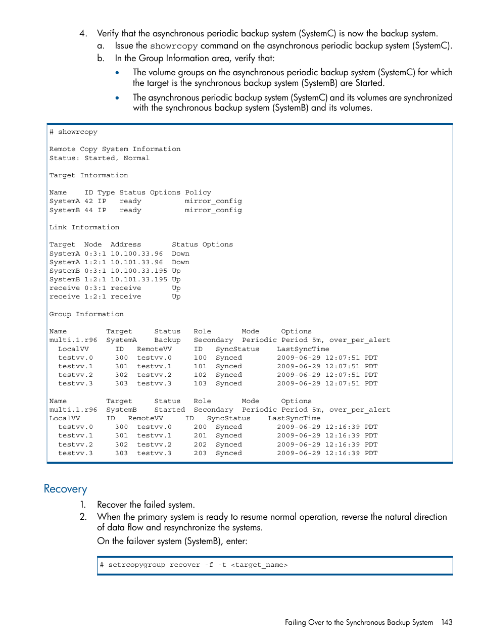 Recovery | HP 3PAR Operating System Software User Manual | Page 143 / 292