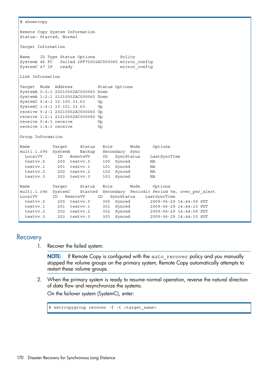 Recovery | HP 3PAR Operating System Software User Manual | Page 170 / 292