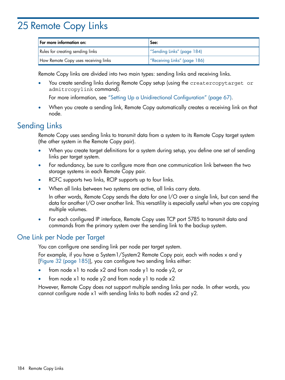 25 remote copy links, Sending links, One link per node per target | HP 3PAR Operating System Software User Manual | Page 184 / 292