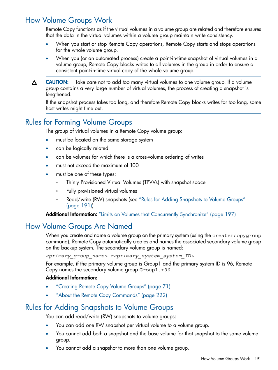 How volume groups work, Rules for forming volume groups, How volume groups are named | Rules for adding snapshots to volume groups | HP 3PAR Operating System Software User Manual | Page 191 / 292