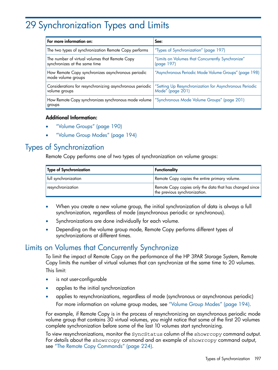 29 synchronization types and limits, Types of synchronization, Limits on volumes that concurrently synchronize | HP 3PAR Operating System Software User Manual | Page 197 / 292