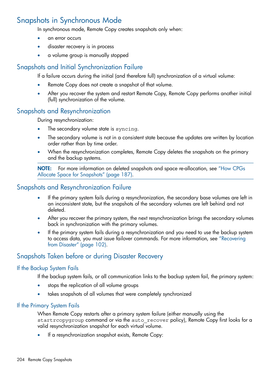 Snapshots in synchronous mode, Snapshots and initial synchronization failure, Snapshots and resynchronization | Snapshots and resynchronization failure, Snapshots taken before or during disaster recovery, If the backup system fails, If the primary system fails | HP 3PAR Operating System Software User Manual | Page 204 / 292