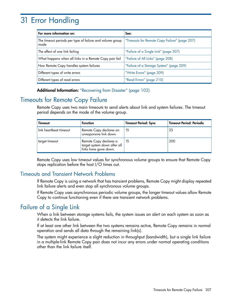 31 error handling, Timeouts for remote copy failure, Timeouts and transient network problems | Failure of a single link | HP 3PAR Operating System Software User Manual | Page 207 / 292