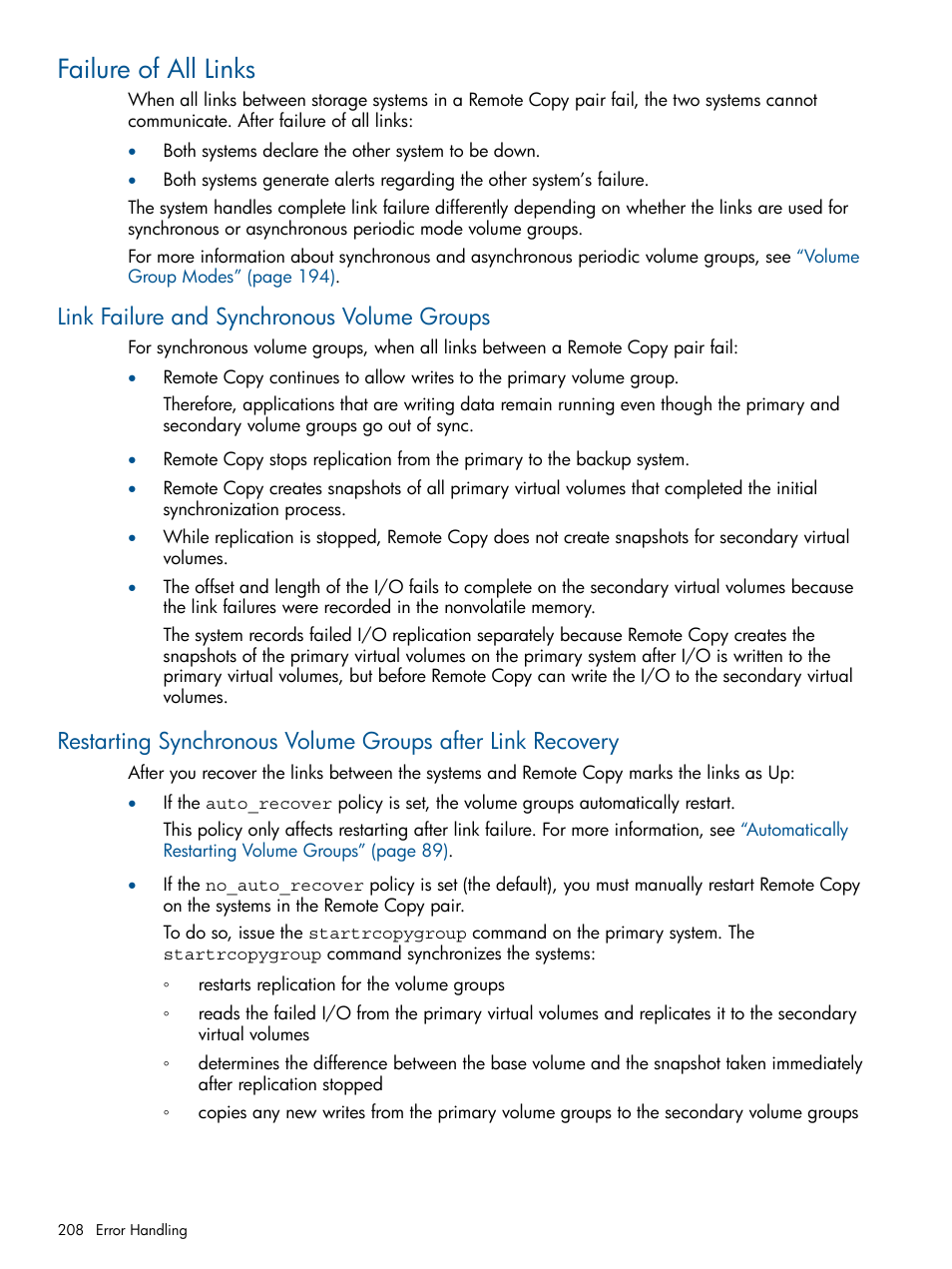 Failure of all links, Link failure and synchronous volume groups | HP 3PAR Operating System Software User Manual | Page 208 / 292