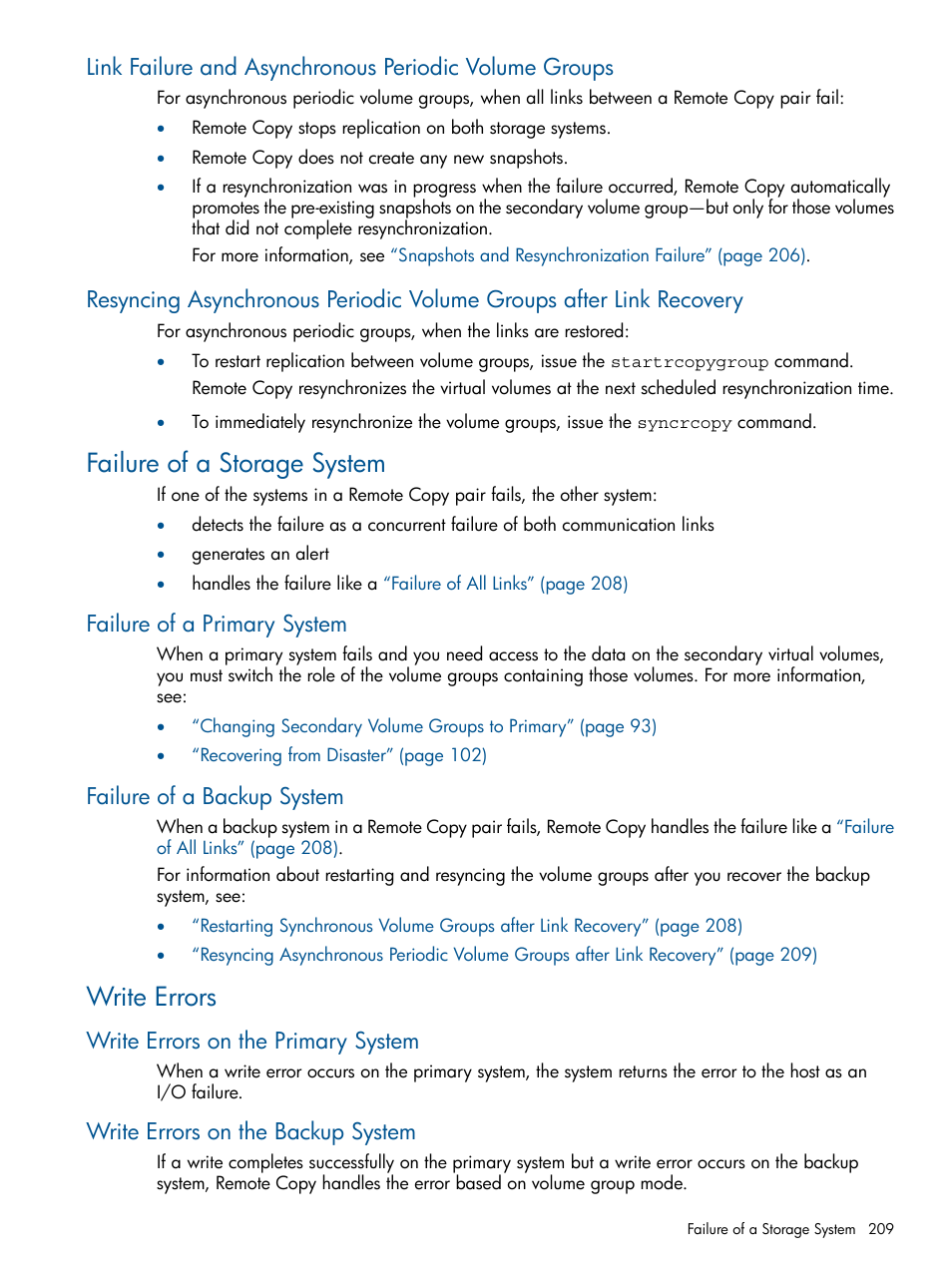 Failure of a storage system, Failure of a primary system, Failure of a backup system | Write errors, Write errors on the primary system, Write errors on the backup system | HP 3PAR Operating System Software User Manual | Page 209 / 292