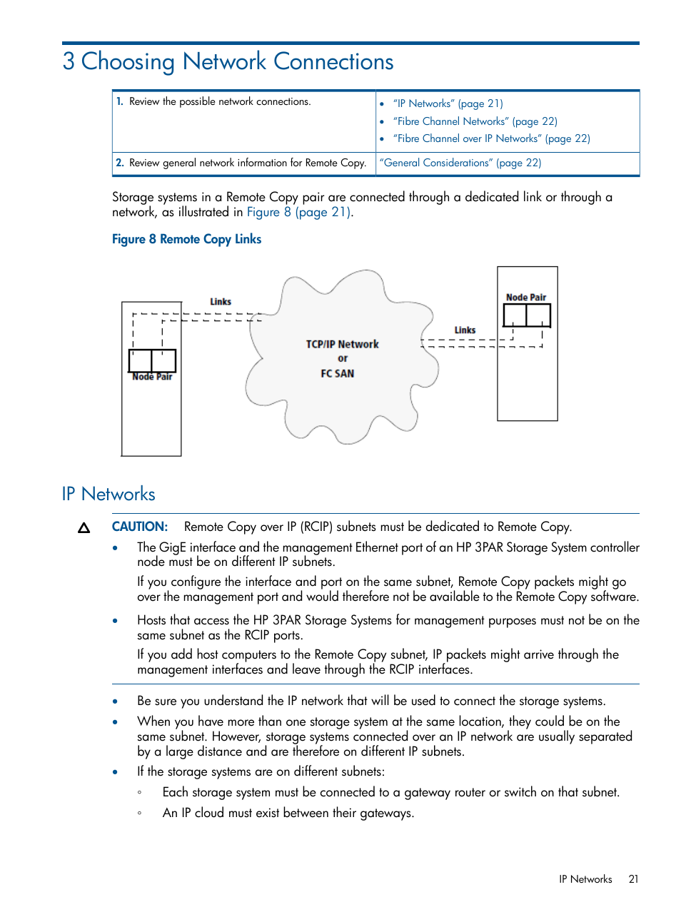 3 choosing network connections, Ip networks | HP 3PAR Operating System Software User Manual | Page 21 / 292