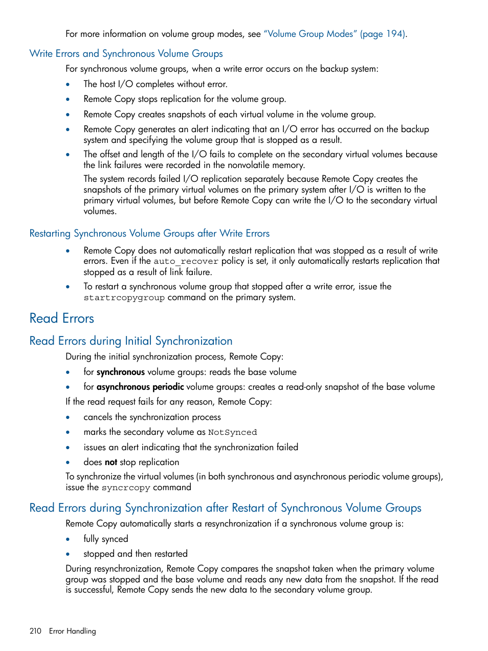 Write errors and synchronous volume groups, Read errors, Read errors during initial synchronization | HP 3PAR Operating System Software User Manual | Page 210 / 292