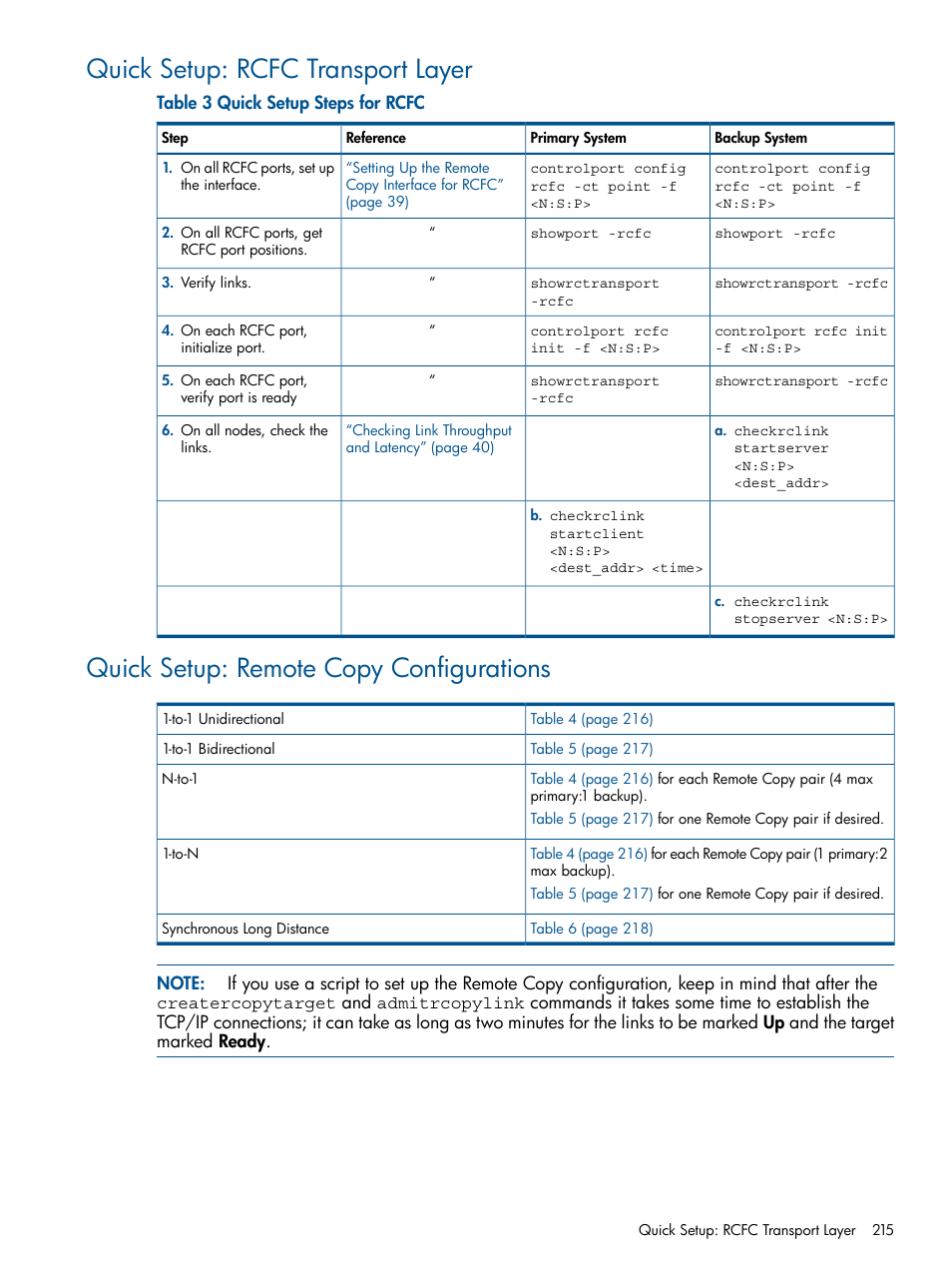 Quick setup: rcfc transport layer, Quick setup: remote copy configurations | HP 3PAR Operating System Software User Manual | Page 215 / 292