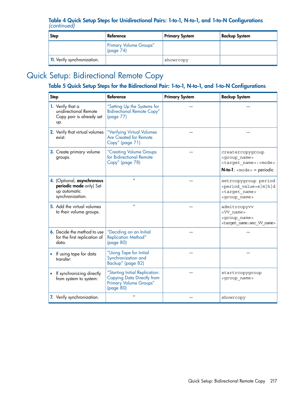 Quick setup: bidirectional remote copy | HP 3PAR Operating System Software User Manual | Page 217 / 292