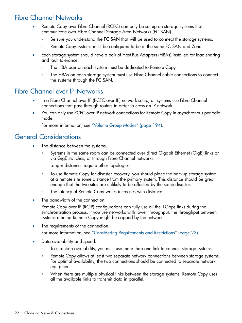 Fibre channel networks, Fibre channel over ip networks, General considerations | HP 3PAR Operating System Software User Manual | Page 22 / 292