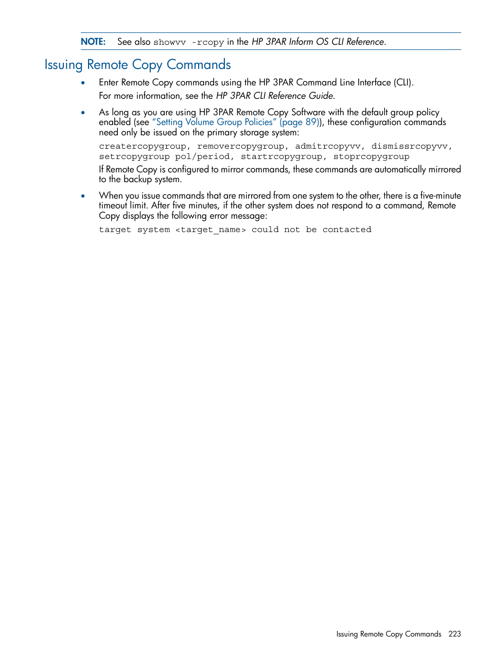 Issuing remote copy commands | HP 3PAR Operating System Software User Manual | Page 223 / 292